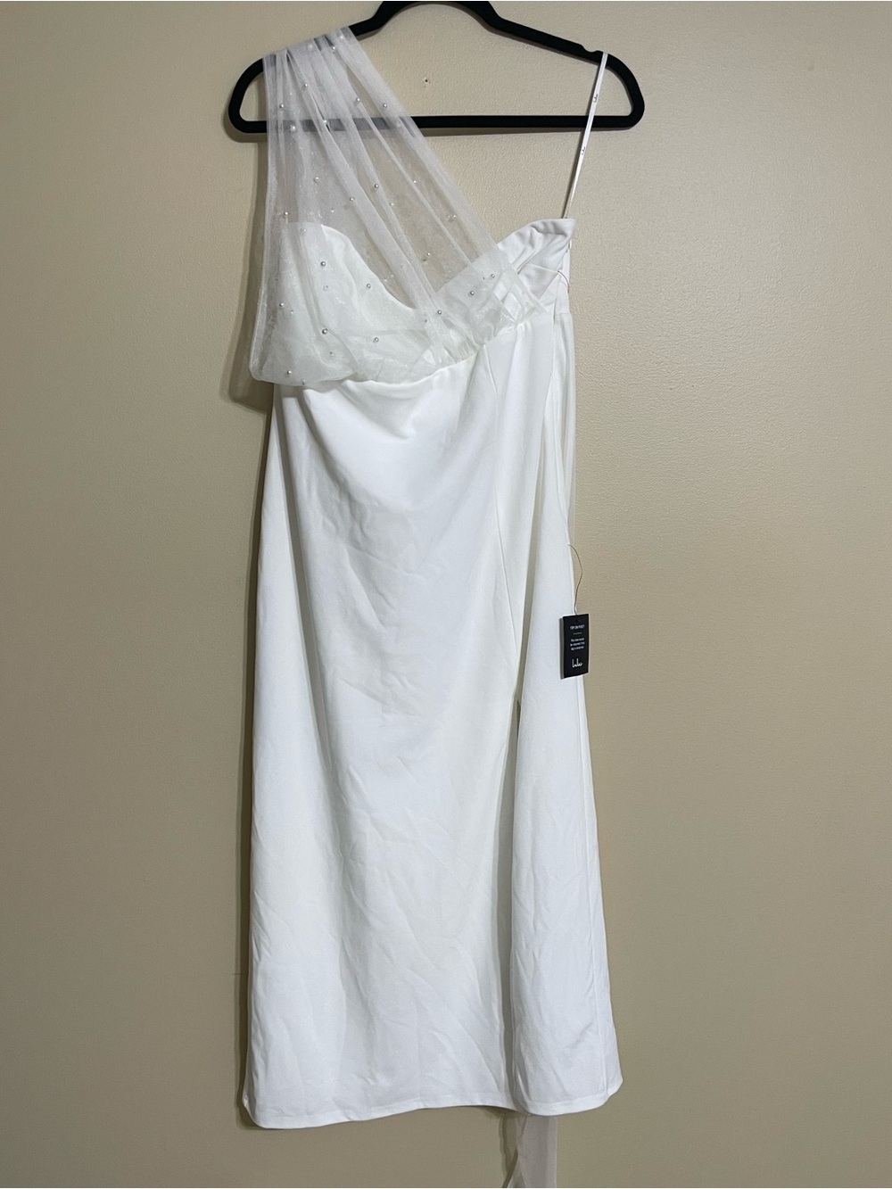 Lulus‎ Elegant Indication Ivory Mesh Pearl One-Shoulder Midi Dress size XL NWT